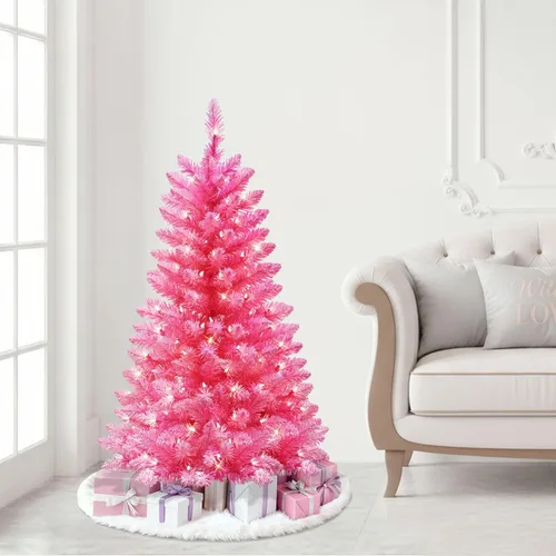 Vista 6 de Puleo International - Árbol de Navidad artificial preiluminado de 4 pies, pino rosa de moda con 150 luces claras, 196 puntas de ramas densas