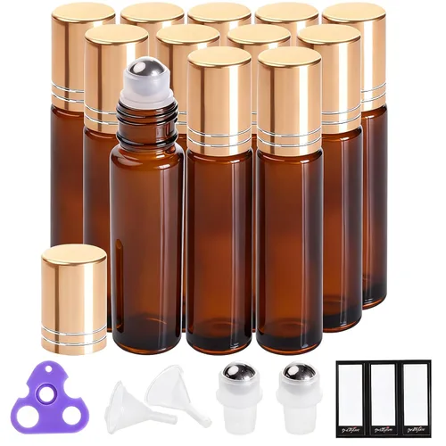 Vista 23 de PrettyCare 6 piezas, botellas roll-on de 10 ml para aceites esenciales con bola de rodillo de acero inoxidable - Botellas rellenables a prueba