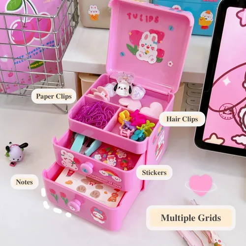 Vista 5 de Organizador de escritorio pequeño Kawaii con tapa y 2 cajones, lindo organizador de escritorio Kawaii con calcomanías de bricolaje para adolescentes