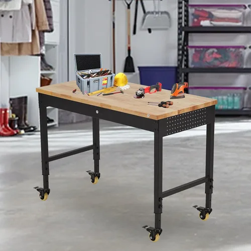 Vista 8 de Banco de trabajo de altura ajustable, mesa de trabajo de 60 x 22 pulgadas, parte superior de madera de goma resistente, capacidad de 2000 libras
