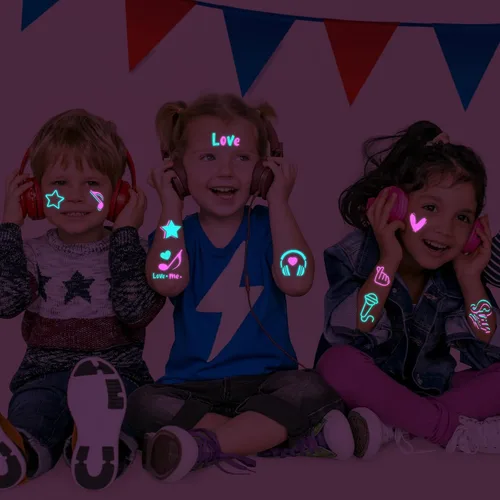 Vista 6 de Konsait Tatuajes temporales que brillan en la oscuridad para niños y adultos, 10 hojas de neón para fiestas, tatuajes corporales, tatuajes falsos