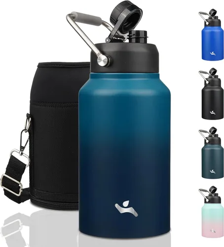 Vista 14 de Konokyo Jarra de medio galón con asa, botella de agua aislada de 64 onzas con bolsa de transporte, botella de metal de acero inoxidable al vacío