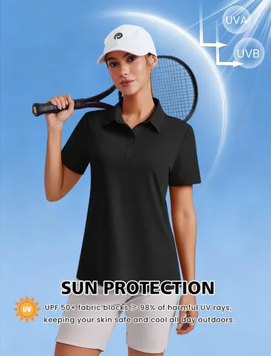 Vista 4 de PINSPARK Polo de golf de 4 botones para mujer, UPF 50+, secado rápido, atlético, camiseta de tenis con cuello, ajuste relajado