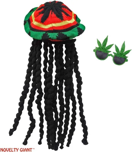 Vista 9 de NOVELTY GIANT WWW.NOVELTYGIANT.COM Rasta Dreadlock Reggae Jamaican Rhasta Hat wPot Leaf Gafas de sol