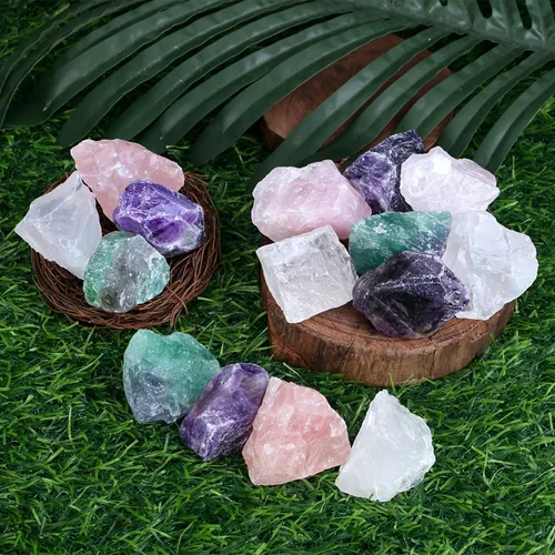 Vista 2 de ZHIYUXI Amatista de 2 pulgadas, cuarzo rosa, cuarzo transparente, fluorita, piedras en bruto, cristales crudos a granel, piedras preciosas naturales