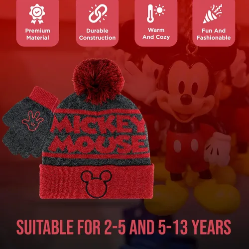 Vista 3 de Mickey Mouse - Juego de 2 piezas de sombrero y guantes de nieve para niños y niños, gorro cálido con pompones y bonitos guantes rojos