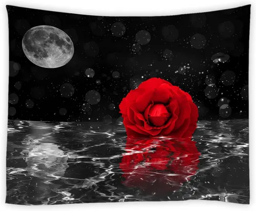 Vista 2 de AMFD Tapiz de rosas rojas, flores bajo la luna, cielo estrellado negro, reflejo en flor de agua, floral, romántico, decoración del hogar, arte