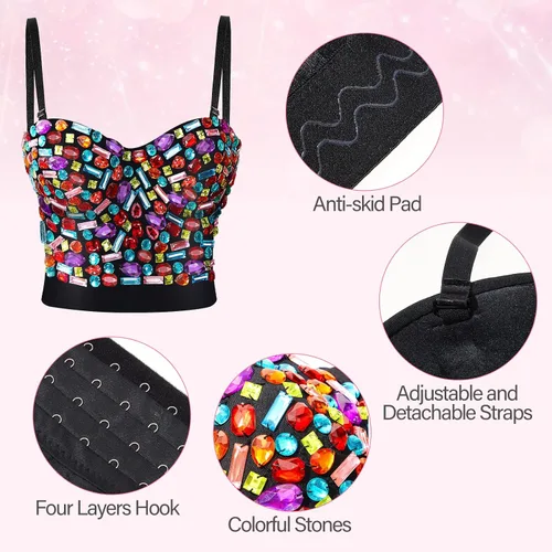 Vista 4 de Rhinestone Push up Bra Clubwear Colorful Beaded Bustier Crop Top Bra Crystal Rectangle Dangle Earrings, Run Small 1 or 2