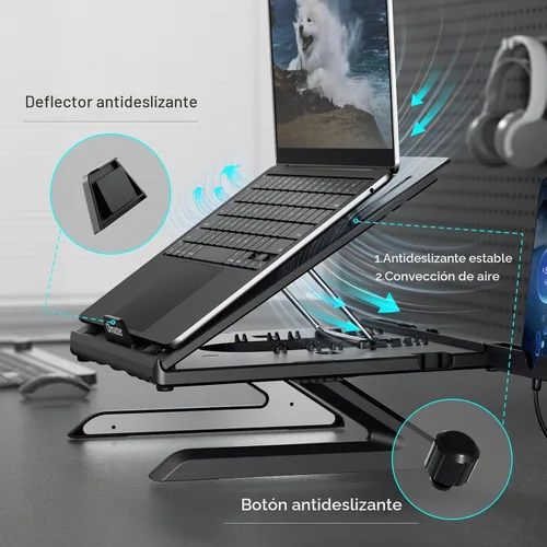 Vista 5 de OImaster Soporte ergonómico ajustable y plegable para computadora portátil con ventilación térmica, soporte elevador para laptop compatible con Negro