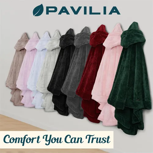 Vista 9 de PAVILIA Angel Wrap Hooded Blanket Poncho, Wearable Blanket Throw Wrap Poncho for Women Adult, Cozy Fluffy Sherpa Shawl Cape