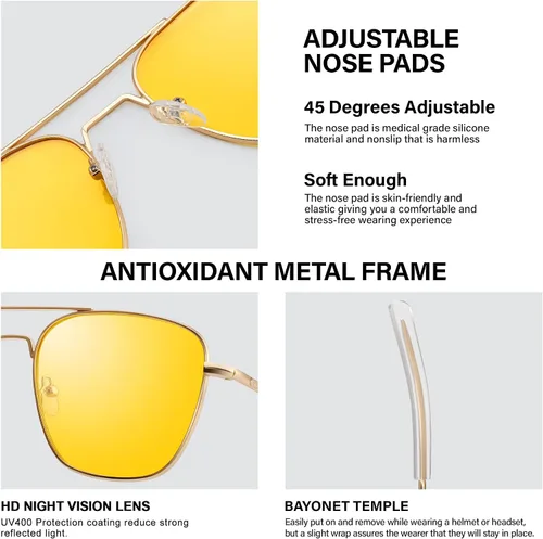 Vista 3 de Gafas de sol aviador para hombre, estilo militar, polarizadas, marco de metal con patillas de bayoneta, Lente de visión nocturna con marco dorado