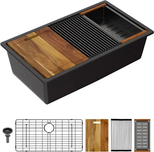 Vista 31 de Lordear Fregadero de Bar Empotrado de Granito Compuesto de 18 Pulgadas 18"x18" Fregaderos de Cocina de Cuarzo Compuesto Negro de Un Solo Tazón Bajo