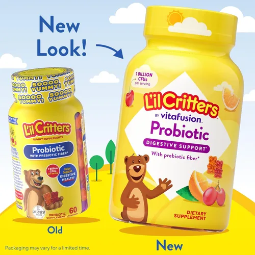 Vista 4 de L'il Critters - Gomitas probióticas para niños, 60 vitaminas gomosas para niños, con fibra prebiótica, 1 mil millones de UFC, sabores variados