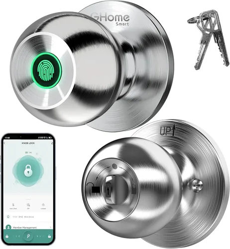 Vista 10 de GHome Smart Cerradura de puerta de huellas dactilares, perilla de puerta inteligente 3 en 1 con control de aplicación y llave, bloqueo automático