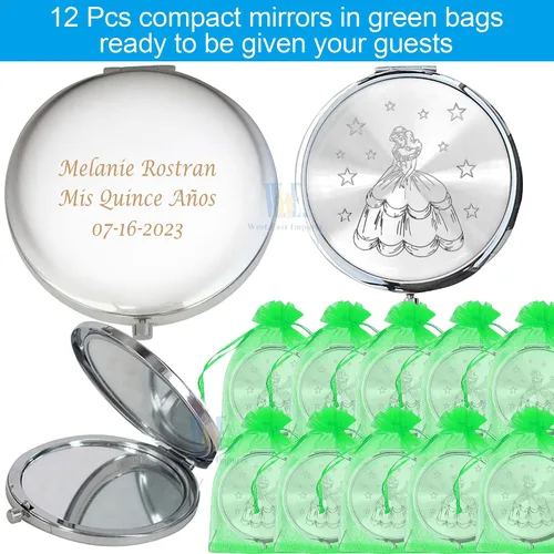 Vista 2 de WE Personaized Mis Quince Años (12 PCS) Sweet 15, Sweet Sixteen, Quinceañera, Mis 15 años Espejo compacto (verde)