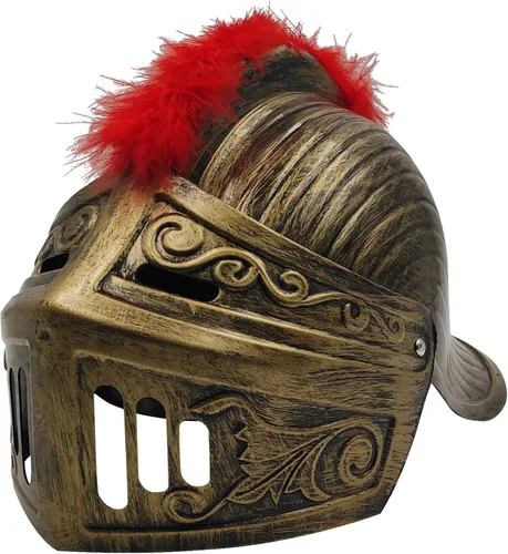 Vista 4 de LOOYAR Casco medieval de caballero soldado soldado con sombrero con pluma roja y máscara facial plegable para juego de batalla, Halloween, cosplay