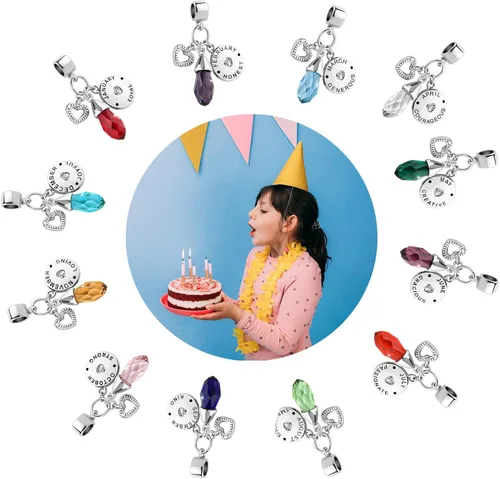 Vista 4 de Brillante dije de cumpleaños con piedra natal de enero a diciembre de 12 meses, compatible con pulseras y collares Pandora
