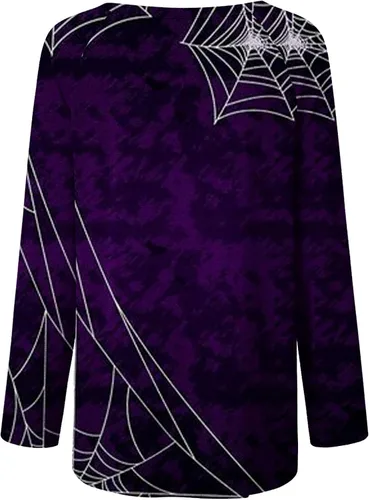 Vista 4 de Huilaibazo Túnica de Halloween para mujer, camisas gráficas de telaraña, blusa de manga larga fluida, túnica de talla grande para leggings
