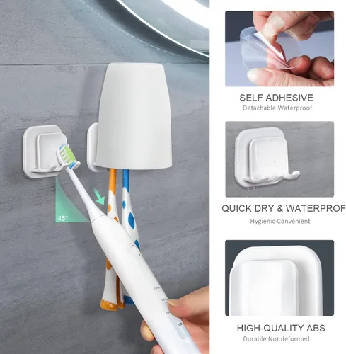 Vista 3 de BIAHE - Paquete de 2 soportes para cepillos de dientes montado en la pared, organizador autoadhesivo para cepillos de dientes, soporte de plástico