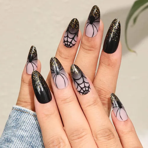 Vista 2 de Uñas postizas a presión de almendra, uñas postizas de Halloween, cobertura completa, longitud media, uñas postizas de araña negra con purpurina