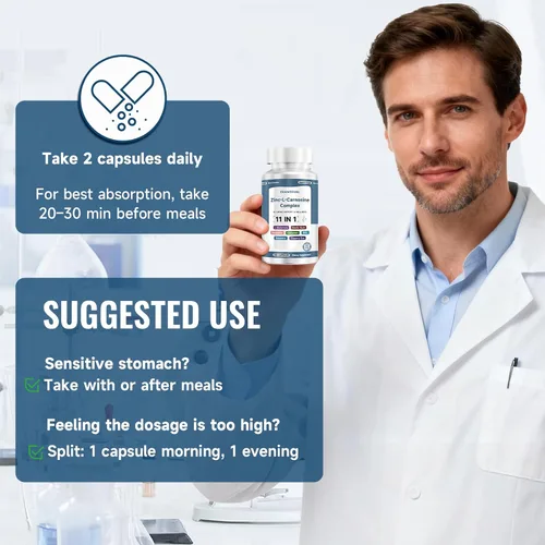 Vista 8 de Zinc L Carnosine Complex 85 mg, suplemento de apoyo para la salud digestiva e intestinal 11 en 1, con mezcla calmante de extracto de hierbas