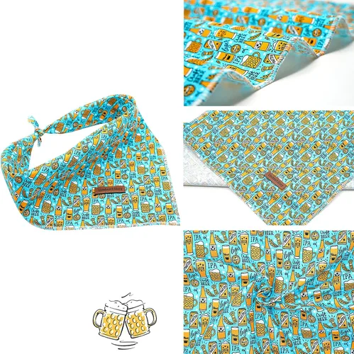 Vista 3 de Lionheart Glory Bandana para perro, bufanda azul para perro, estampado de cerveza, ajustable para perros pequeños a grandes
