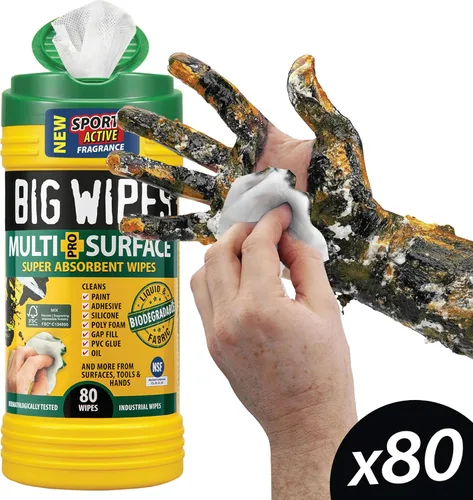 Vista 2 de BIG WIPES Recipiente multisuperficie resistente, paños de limpieza súper absorbentes para manos, superficies y herramientas, recipiente de 80