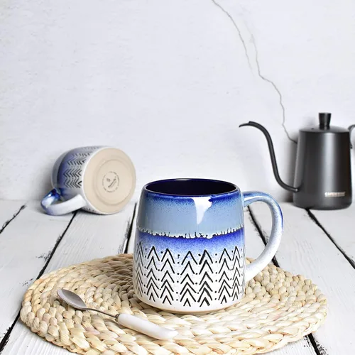 Vista 4 de Bosmarlin Juego de 2 tazas de café grandes de cerámica, 16 onzas, taza de té de cerámica azul grande para oficina y hogar, apta para lavavajillas