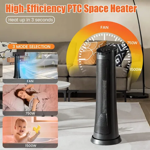 Vista 3 de COSTWAY Calentador de espacio para uso en interiores, calentador de cerámica PTC de 1500 W con oscilación de 60°, 3 modos, temporizador de 24 horas