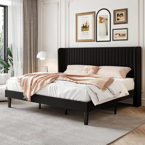 Vista 23 de SHA CERLIN - Marco de cama de terciopelo tamaño matrimonial, cabecera con alas copetudas, color negro 47'' Modern Vertical Channel Headboard