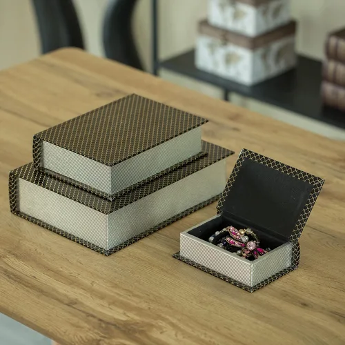 Vista 2 de Juego de 3 cajas decorativas de terciopelo de madera antigua clásica para libros Negro