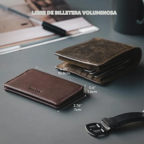 Vista 4 de VULKIT Cartera delgada minimalista con bloqueo RFID de cuero genuino, tarjetero con bolsillo frontal, cierre magnético, Espresso, Minimalista