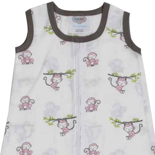 Vista 3 de Bacati - Saco de dormir de muselina Happy Monkeys (manta portátil) (pequeño, rosa/gris)