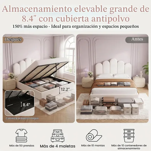 Vista 4 de Cama de almacenamiento de elevación completa, marco de cama de terciopelo con cabecero, color crema