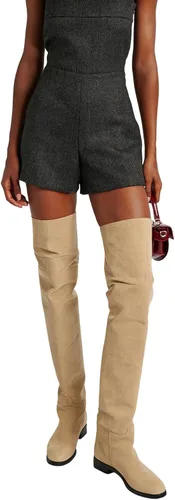 Vista 3 de YDN Botas planas de pantorrilla ancha para mujer, con puntera redonda, por encima de la rodilla, con tacón bajo, botas altas hasta el muslo, zapatos