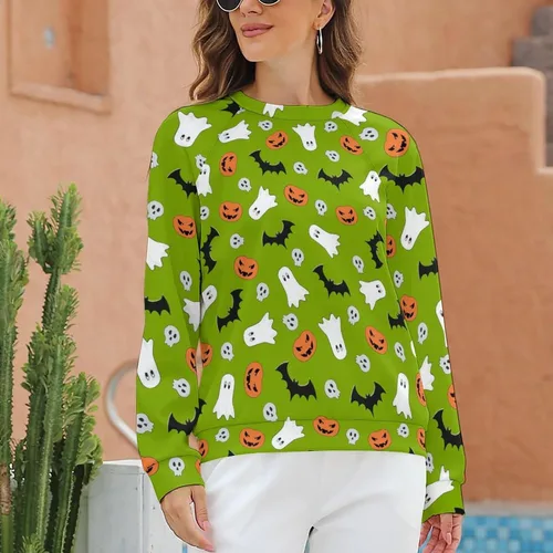 Vista 3 de QANSI Sudadera de Halloween para mujer, cuello redondo, talla grande, estampada, de gran tamaño, casual, holgada, de manga larga