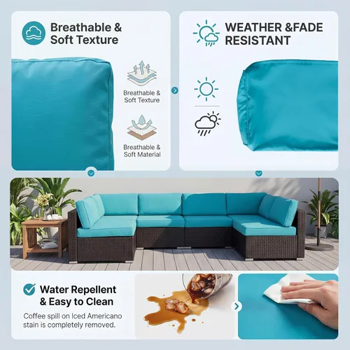 Vista 7 de KINTNESS Fundas de cojín de repuesto para sofá modular de ratán de 7 piezas, 14 fundas impermeables para cojines de patio con cremallera (azul)