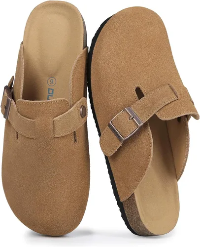 Vista 19 de Dumalum - Zuecos de ante para mujer y hombre - Sandalias ajustables con hebilla, plantilla de corcho, suelas antideslizantes - Zapatillas unisex