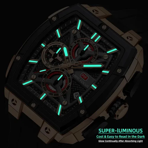 Vista 4 de MF MINI FOCUS Reloj analógico impermeable para hombre, reloj de pulsera con fecha, esqueleto Tonneau para hombre con cronógrafo, ideal
