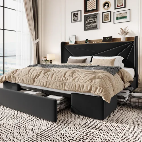 Vista 12 de SHA CERLIN Base de cama tamaño matrimonial con 3 cajones, puertos de carga USB y tipo C, cama plataforma tapizada en terciopelo con cabecera