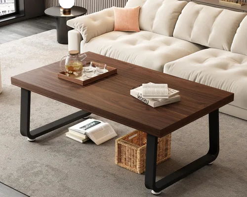 Vista 9 de HSH Mesa de café negra moderna, mesa de centro de madera rústica y metal, mesas de café sencillas de estilo granja para sala de estar, mesa de té