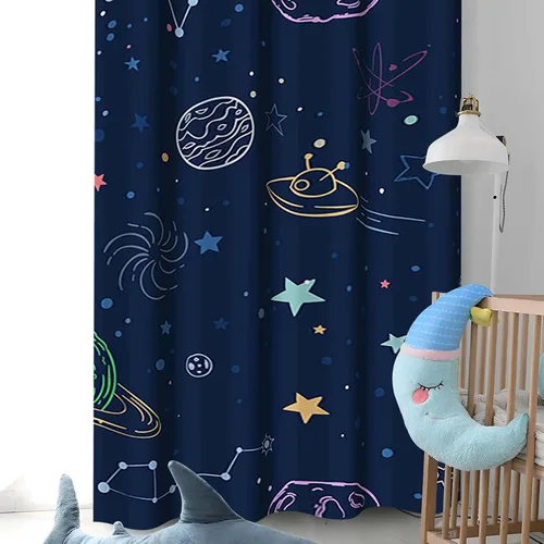 Vista 3 de Cortina opaca con diseño de dibujos animados para niños, diseño de luna, estrellas, planetas, cortinas de oscurecimiento con ojales inoxidables Azul