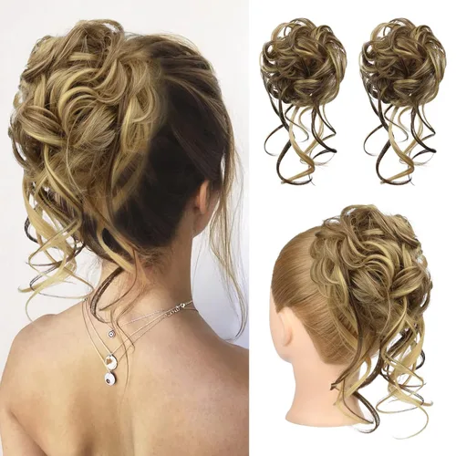 Vista 19 de HOOJIH 2 piezas de extensiones de cabello estilo moño despeinado, extensiones de cabello rizado y ondulado con tiras, cola de caballo, horquillas