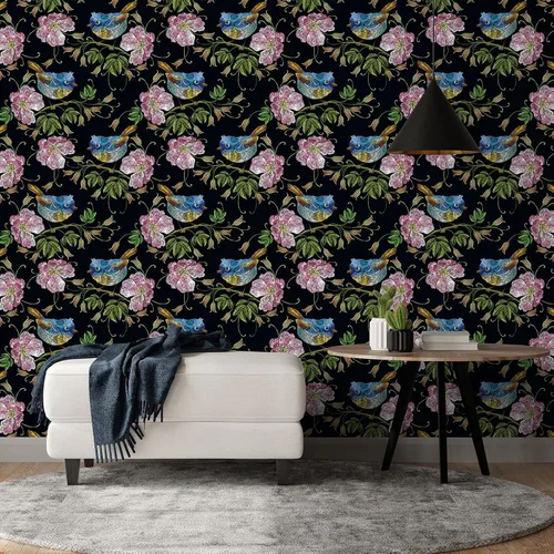 Vista 4 de CHIHUT Papel tapiz bordado de 17.7 x 100 pulgadas, diseño floral de pájaro, color negro, rosa, flores silvestres, azul, Wren, papel tapiz