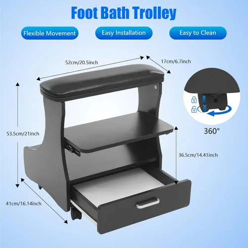 Vista 2 de Carrito de pedicura con 4 ruedas con frenos, carrito portátil de spa con cajón práctico, soporte de baño de pies de pedicura, reposapiés de pedicura
