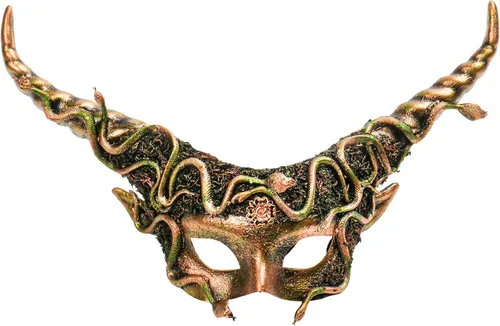 Vista 12 de Máscara de baile de graduación de Halloween, máscara de ojos retorcida de cuerno de diablo largo Krampus Cosplay máscara