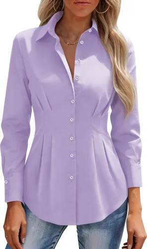 Vista 10 de siliteelon Camisas con botones para mujer, cintura ceñida, camisa de vestir de algodón de manga larga para negocios, casual, trabajo, oficina