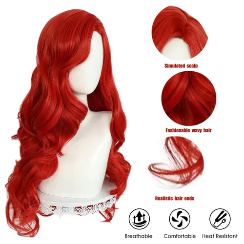Vista 4 de Peluca de sirena larga y rizada roja de 26 pulgadas para mujeres y niñas, peluca ondulada para cosplay, uso diario, pelucas sintéticas para fiestas