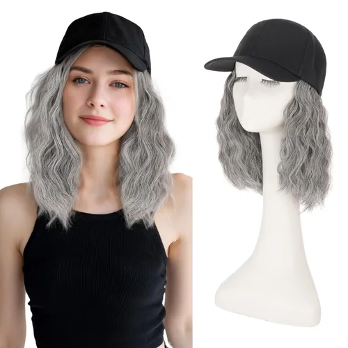 Vista 14 de S-noilite Peluca de gorra de béisbol con extensiones de cabello, 8 pulgadas, corta, rizada, ondulada, estilo Bob, peinado, ajustable, con cabello