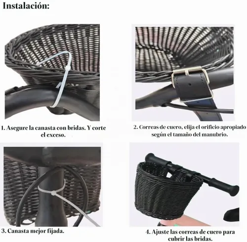 Vista 7 de Cesta para bicicleta, cesta de almacenamiento frontal para manillar con correas de cuero ajustables, accesorios de bicicleta, tejida a mano